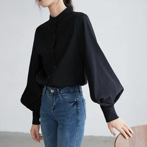 Big Lantern Sleeve Stand Collar Single Breasted Blouse Office Fashion For Women