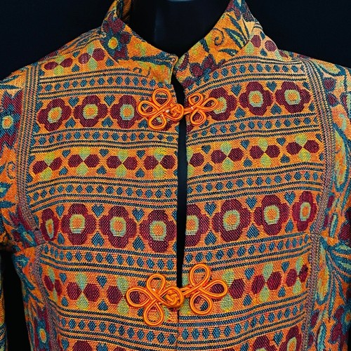 Vintage 1970s floral tapestry jacket, orange red teal stripes deadstock NOS M - Picture 2 of 9