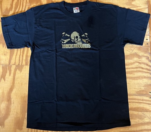 THICK RECORDS BLACK T-SHIRT, GOLD SKULL & CROSSBONES SIZE L