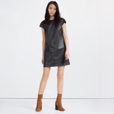 Zara Black Faux Leather Short Zipper Detail Sleeve Shift Dress Size XS