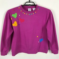 Vintage 90s Sweatshirt Size M Pink Hearts Buttons Womens Polyester Blend Y2K