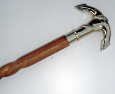 Silver Brass Nautical Anchor Head Handle Brown Spiral Wooden Cane Walking Stick