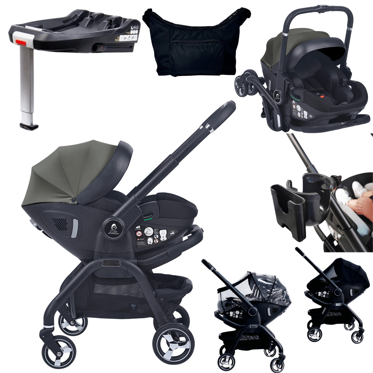 For Your Little One Qubi Infant Car Seat Stroller 7 Piece Bundle - Olive Grey