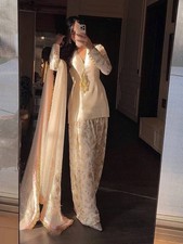 Fancy Designer Glass Satin Salwar Kameez With Organza Silk Dupatta For Women