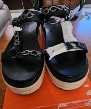 Karl Lagerfeld Palma Espadrille Platform Sandals Black Leather Chain Y2K Beach