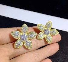 Flower Stud Earrings 2.10Ctw Round Cut Real Moissanite 14K Yellow Gold Plated