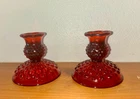 Pair of vintage Fenton glass ruby red hobnail candle holders - UV glow