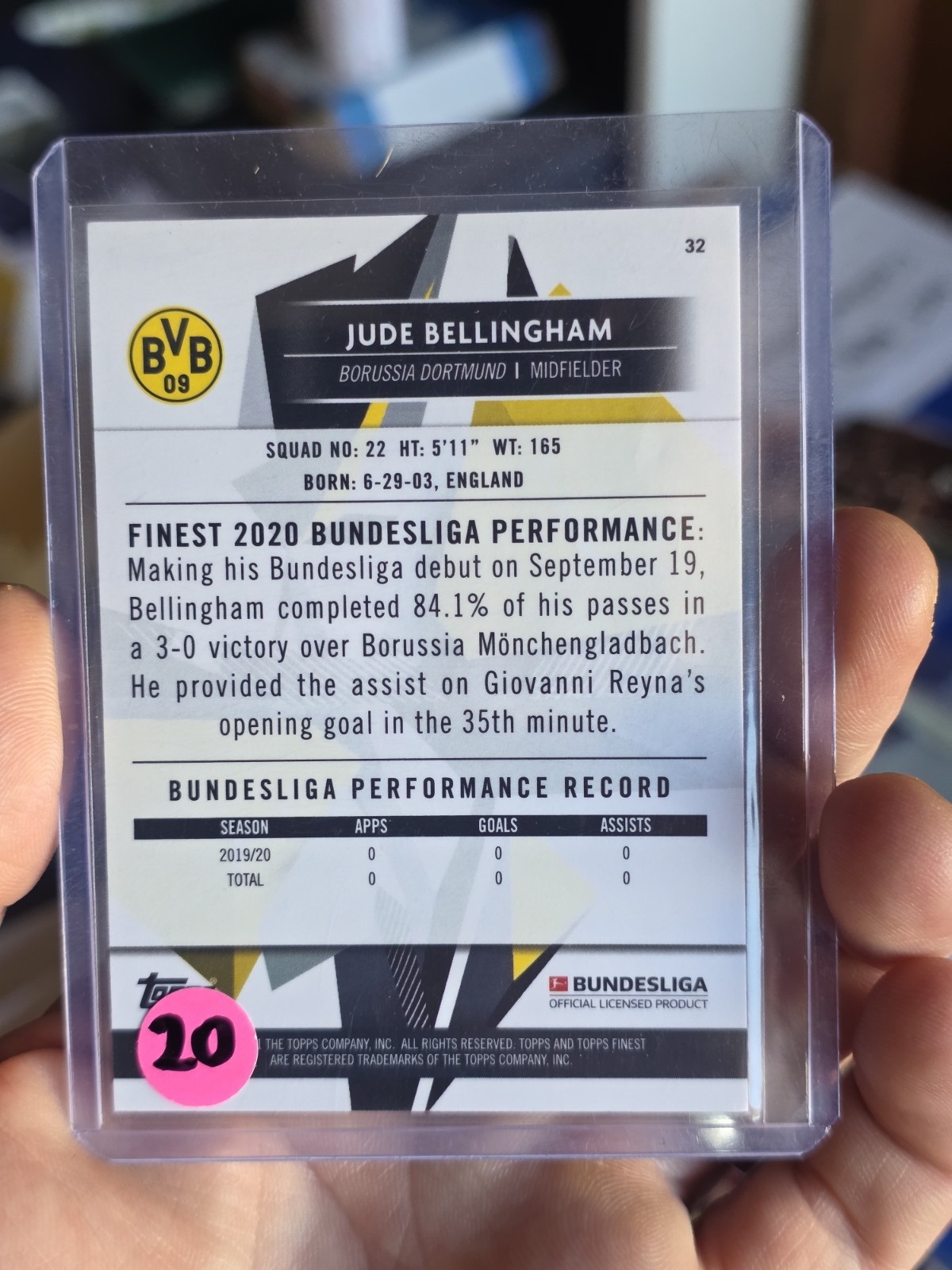 Topps Finest 2020 Bundesliga Jude Bellingham Rookie #32 Dortmund view 2