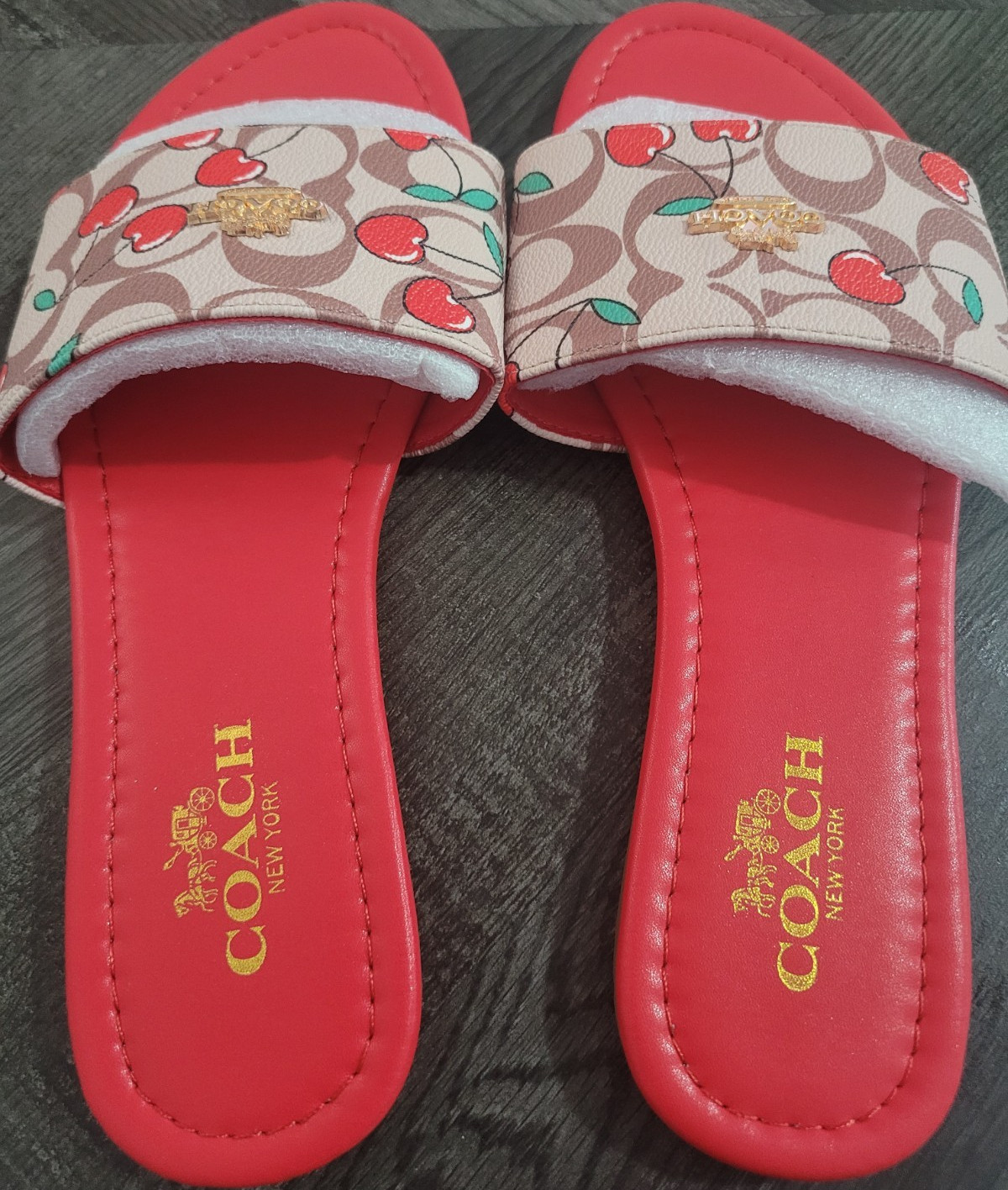 Coach Women's Logo Slide Sandals Slip On Red Beige Cherry Leather Size 41