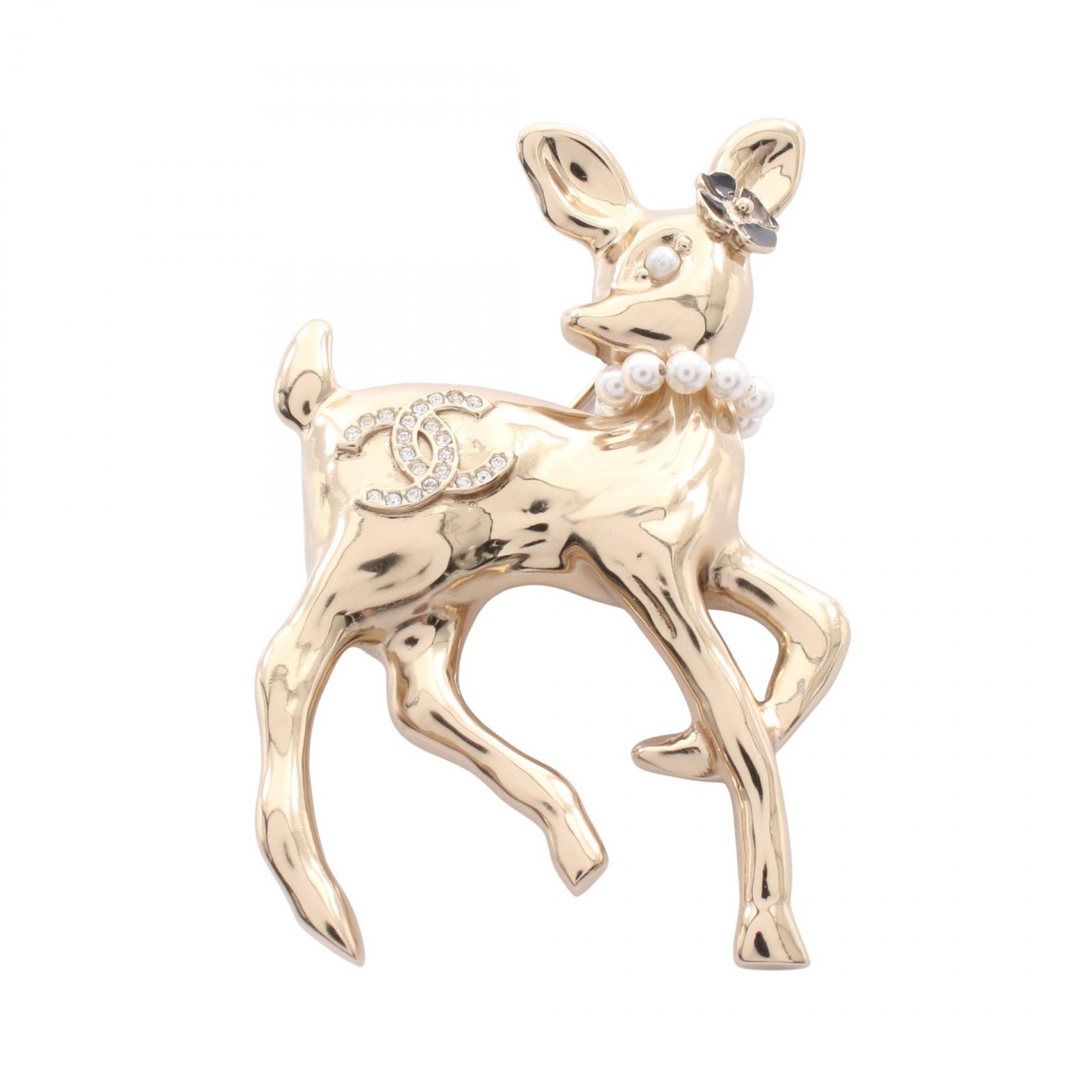 Vintage CHANEL COCO Brooch Gold Plated Rhinestone Pearl CC