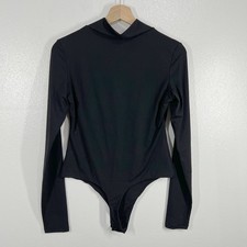 PUMIEY Black Bodysuit Women's L Long Sleeve Mock Neck Stretchy Snap Closure
