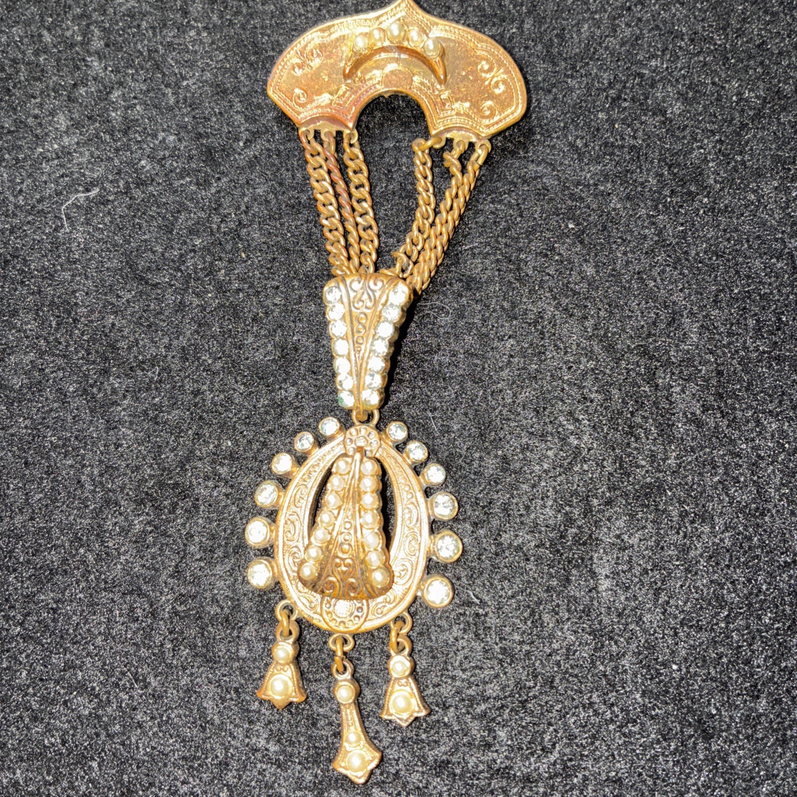Vintage Victorian Revival Festoon Brooch Pendant Pearl Paste Brass Necklace