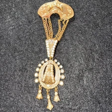 Vintage Victorian Revival Festoon Brooch Pendant Pearl Paste Brass Necklace