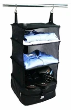Hanging Travel Shelves Small Stow-N-Go 3-Tiered Organizer Collapsible Black NEW
