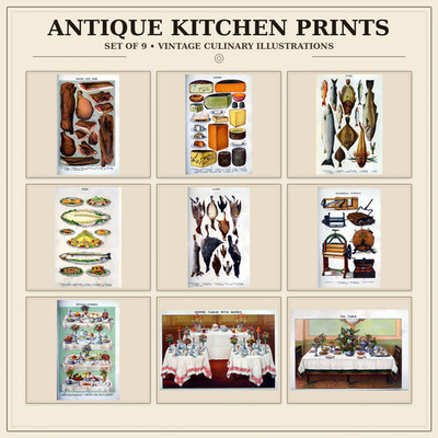 Viktorianische Küchenkarten Set 9 Drucke 1861 Vintage Essen Restaurant Wandkunst
