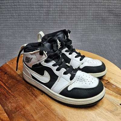 #ad Jordan Air Jordan 1 Mid Sneakers Unisex Kids Black White US 11C Lace Up High Top $15.00