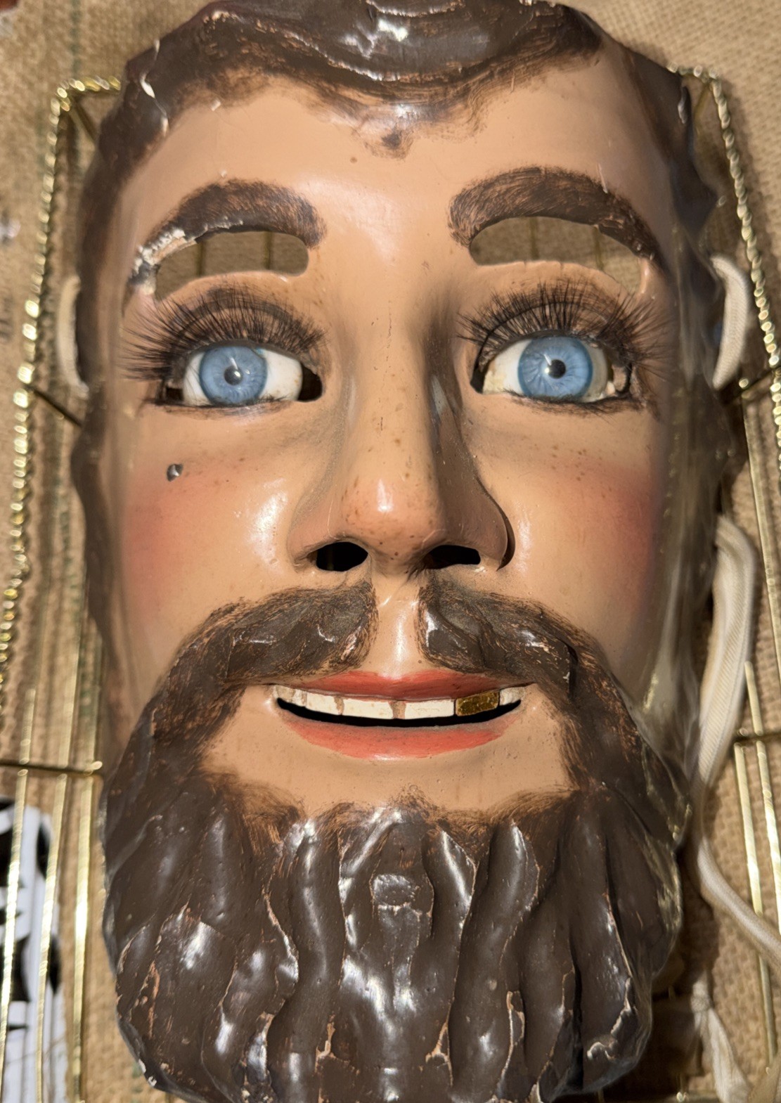 Mexican Folk Art Catrine Dandy Mask w/ Glass Eyes Moving Eyelids Gold Tooth