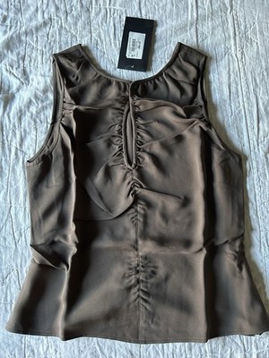 Giorgio Armani Brown 100% Silk Ruched Side Zip Round Neck Sleeveless Tank 40