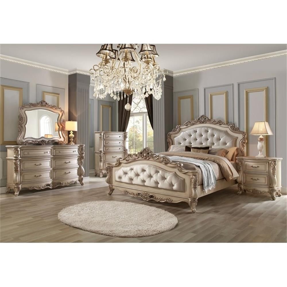 ACME Gorsedd Tufted Eastern King Panel Bed in Cream Fabric and Golden Ivory