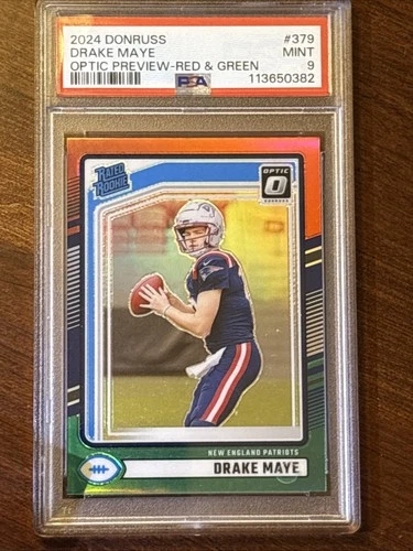 2024 Panini Donruss Rated Rookie Drake Maye #379 Optic Preview Red & Green PSA 9