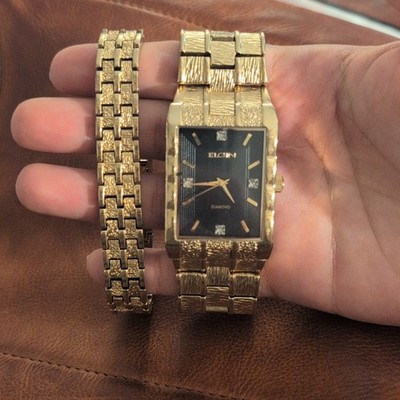 Elgin Diamond Women s Rectangle Quartz Analog Watch Black Dial Gold Bracelet