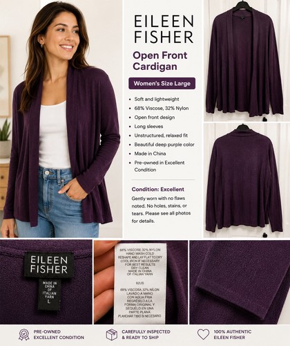 Eileen Fisher Women’s Open Front Cardigan Sweater Purple Large Italian Yarn