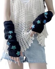 Women's Y2k Knit Arm Warmers Long Fingerless Mitten Thumb Hole Cute Star Glov...