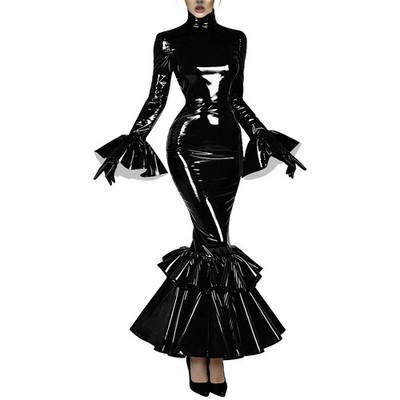 Elegant Double Layer Ruffle Dress PVC Leather Mermaid Hem Bodycon Maxi Dress
