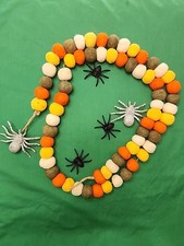 Fall-Halloween Colors Pom Poms Garland  6 Ft Felt Wool Stitch &bag