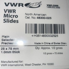 VWR Microscope Micro Slides Cat, No. 48300-025 1/2 Gross box-72 slides