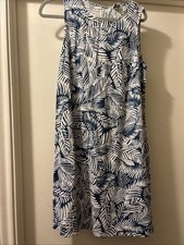 Anne Klein Linen Shift Dress Blue White Palm Print Sleeveless Sz 10