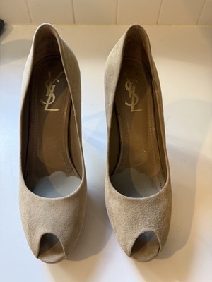YSL Yves Saint Laurent Tribtoo Beige Suede Peep Toe Platform Pumps Heels 39
