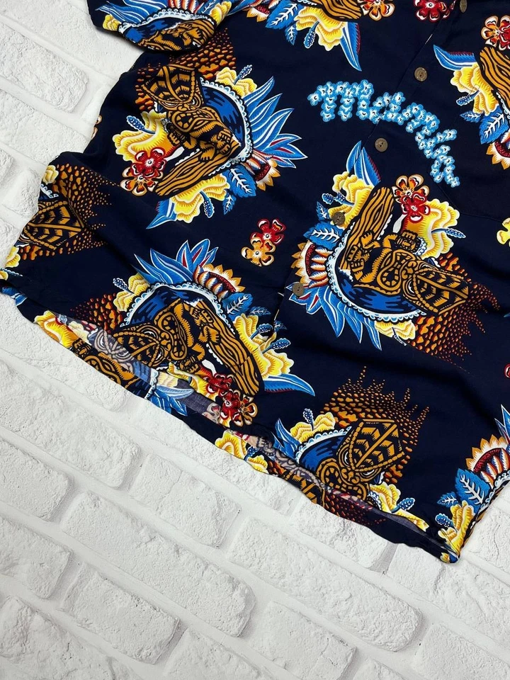 Camisa havaiana vintage anos 90 Mambo alta azul marinho floral surf masculina tamanho G - Imagem 2 de 4