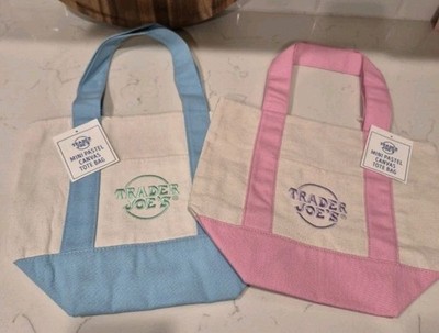 Set of 2 - Trader Joe's Mini Pastel Canvas Tote Bag- Blue & Pink - Viral
