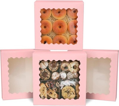 Auto-pop up Pink Pie Boxes with Window 10x10x2.5 inch 30Packs Cookie Donut