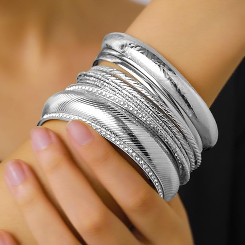 10 Stck. Silber Armreif Armbänder Set für Frauen - Mehrlagig Stapelbar Strukturiert Chu - Bild 2 von 5