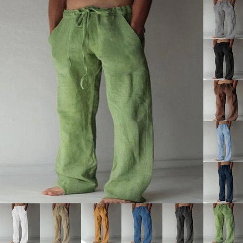 Casual Men's Cotton Linen Pants Drawstring Trousers Comfort Loose Wide Leg Pant - Picture 5 of 28