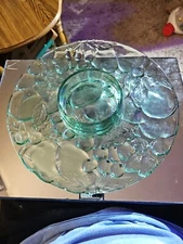 Vintage Indiana Green Glass Chip & Dip In The Madeira Raised Fruit Pattern 13”