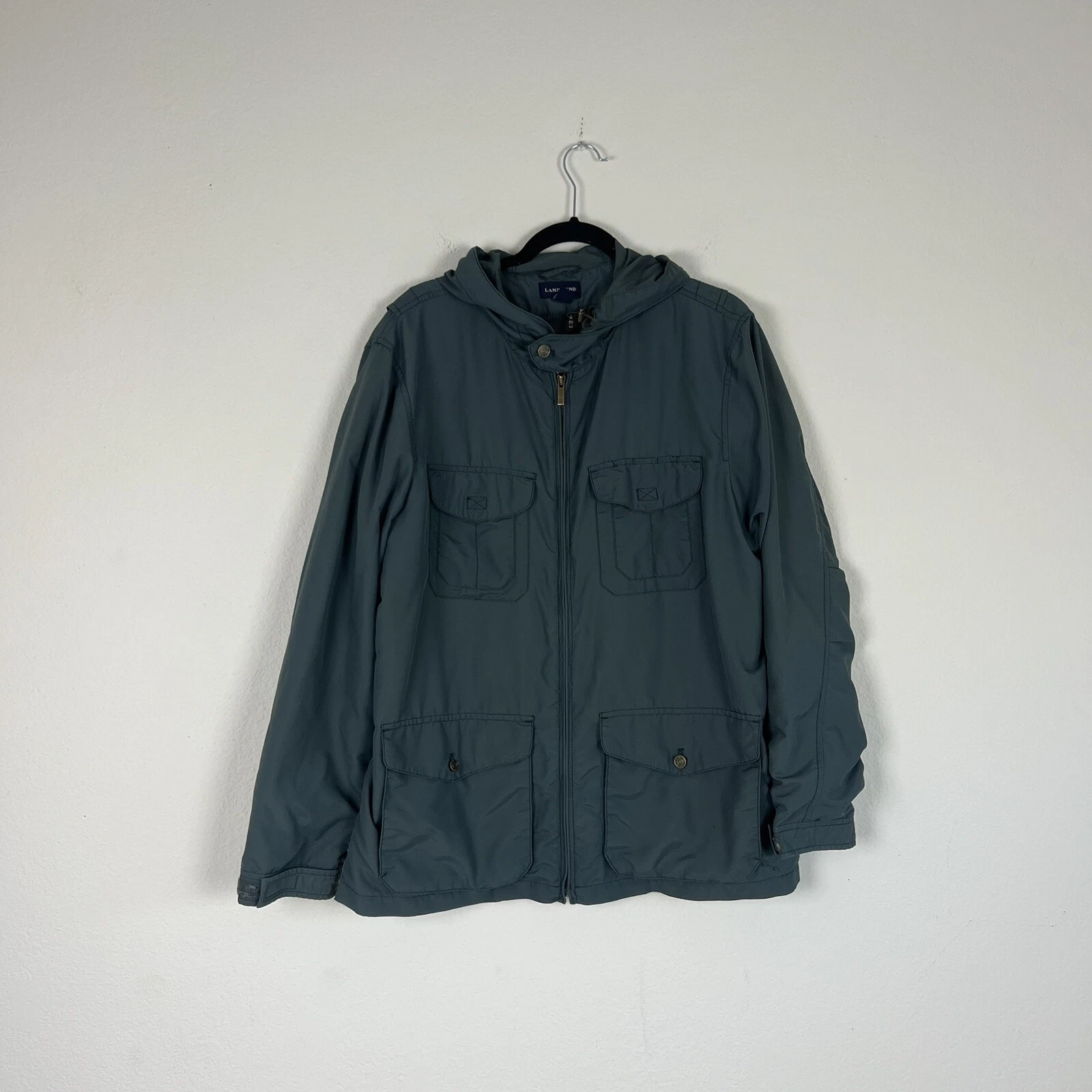 Lands' End Jacket Men's Blue Lightweight Windbreaker Full Zip Hooded Utility Lrg