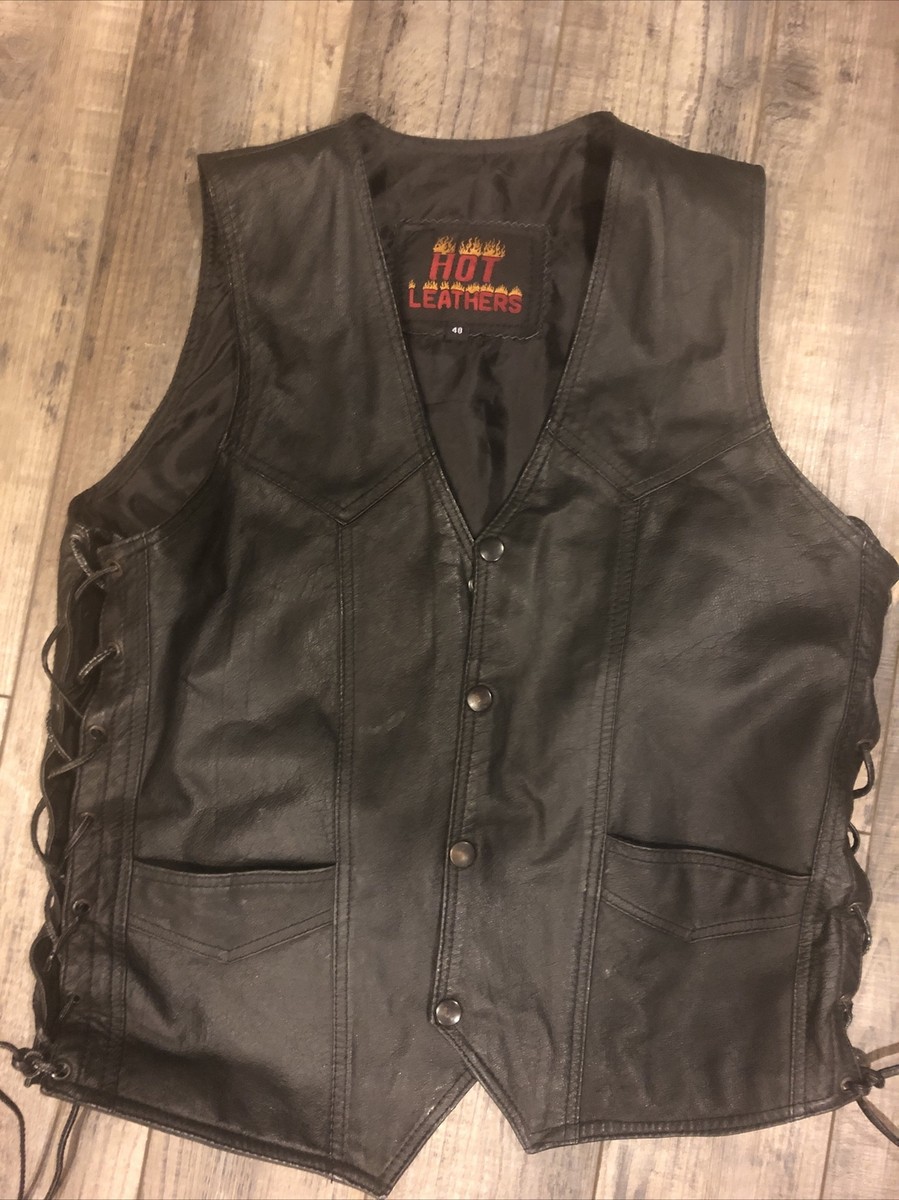 Vintage Hot Leathers Men's Motorcycle Black Black Leather Vest Size 40