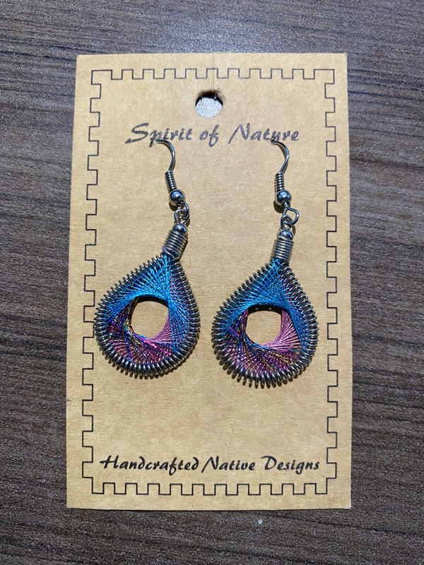 Spirit of Nature Pierced Wire Earrings thread Pear shaped Aqua Rose Metallic 2”