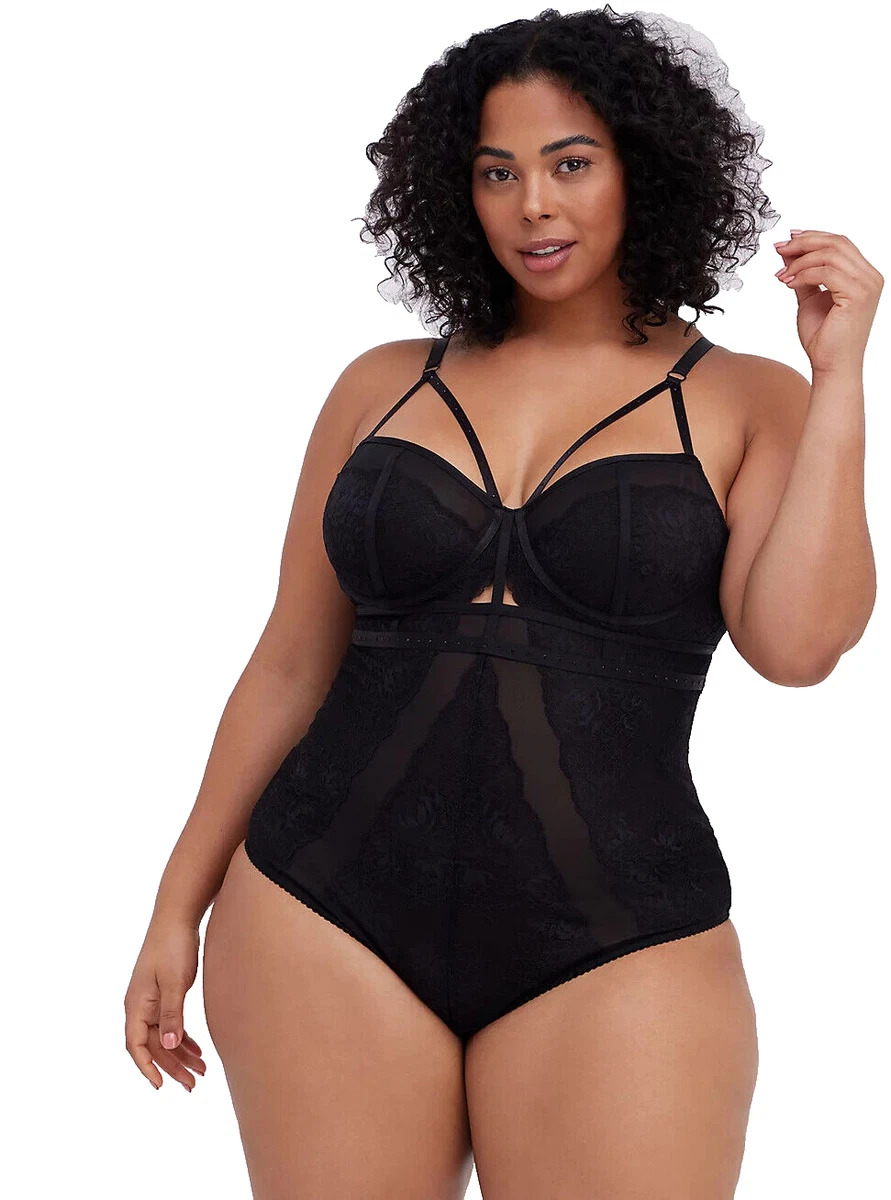 TORRID (3X) 22-24 Strappy Adjust Underwire Bodysuit Lace Mesh Rhinestone  Keyhole