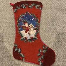 Vintage Needlepoint Santa Christmas Tree Stocking Wool Thread Velvet Back 17in