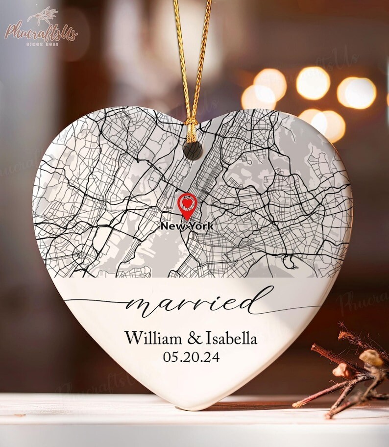 Custom Location Map Wedding Ornament, Married Ornament, Wedding Ornament, Per...