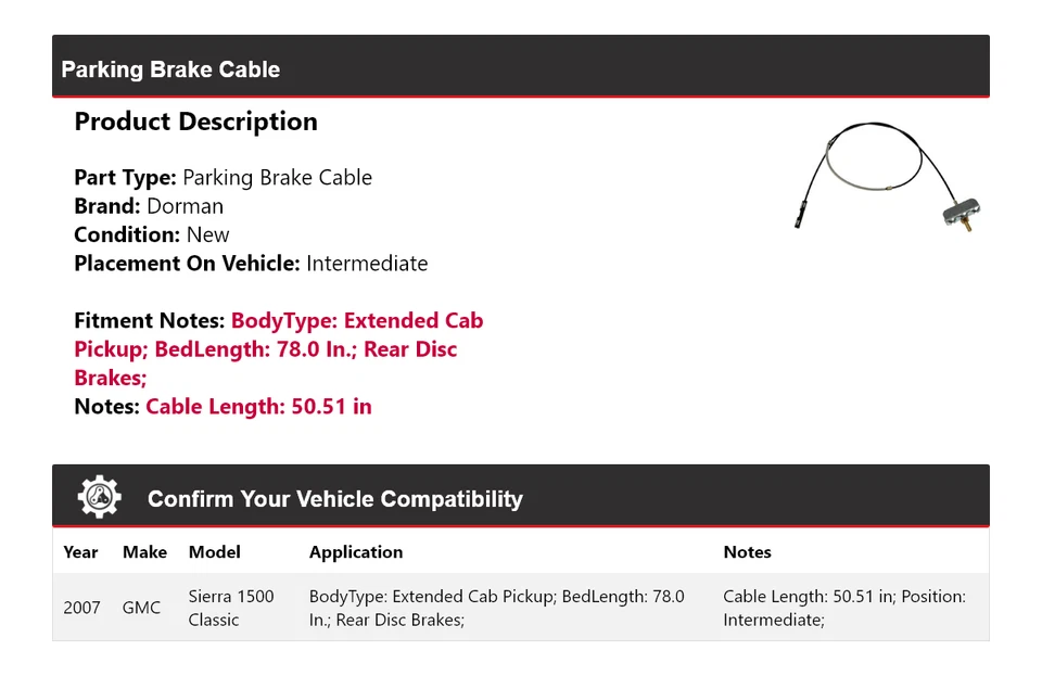 Кабель стояночного тормоза Dorman с удлиненной кабиной для 2007 GMC Sierra 1500 Classic - Изображение 2 из 4