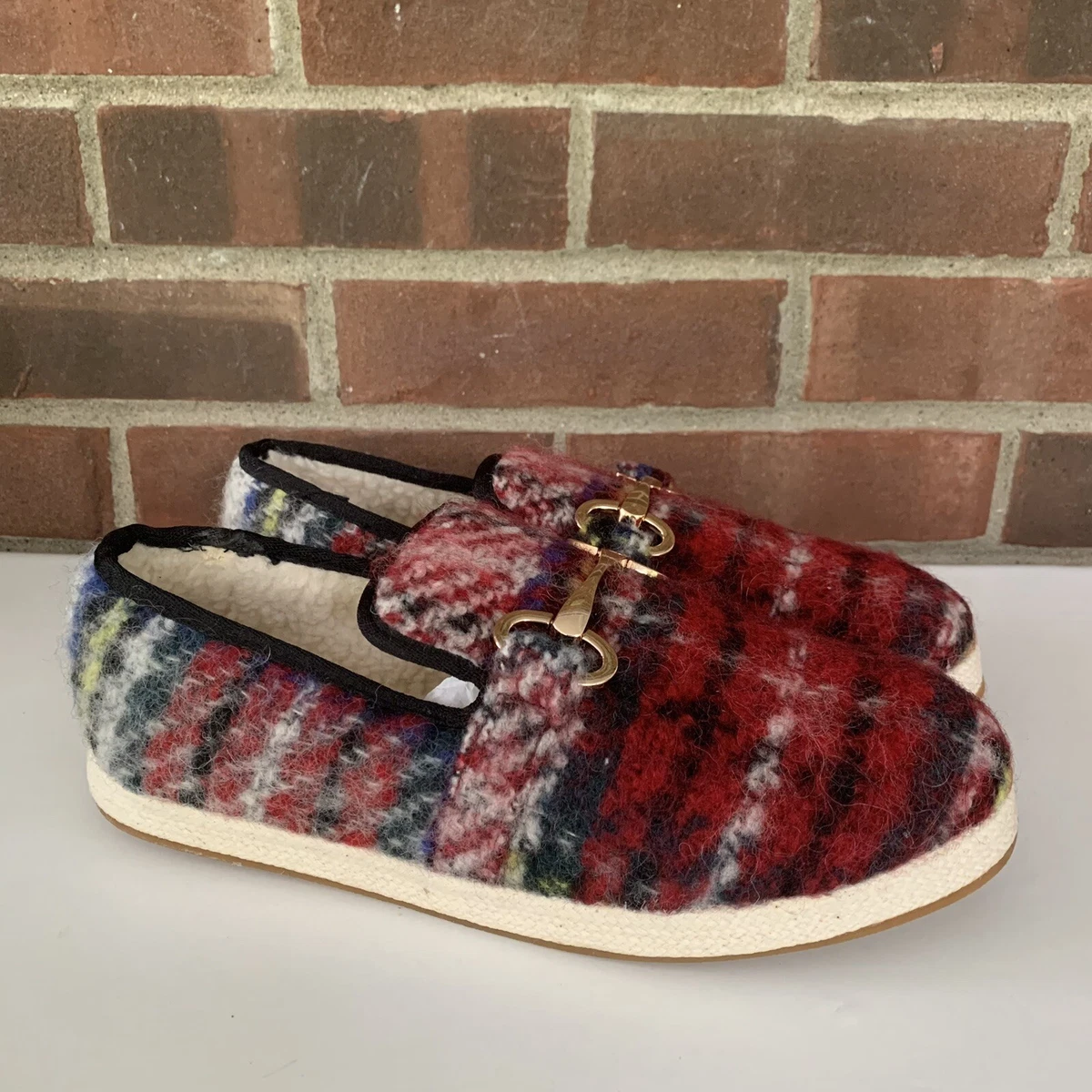Steve Madden Womens Paxtyn Red plaid Faux Fur slip on flats Shoes