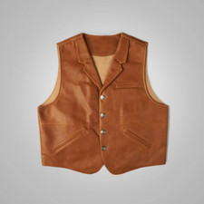 Mens Vintage Lambskin Leather Cowboy Tan Leather Wax Leather Gun Pocket Vest.
