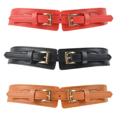 Women Lady Double Buckle Stretch Belt Faux Leather Dress Corset Waistband