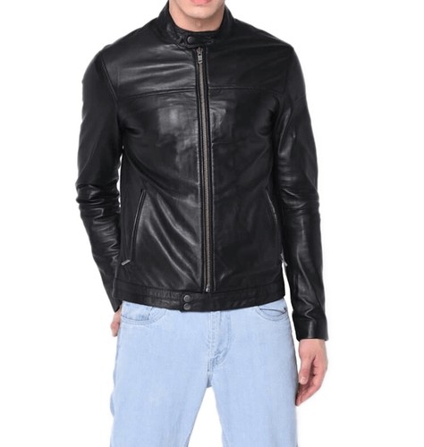 Men's Fashion Plain Simple Collared Real Lambskin Leather Jacket Biker style - Picture 5 of 5