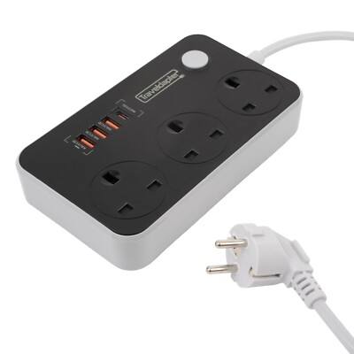 Reiseadapter UK Sao Tomé USB USBC 3 Buchsen 2m Verlängerungskabel Typ F